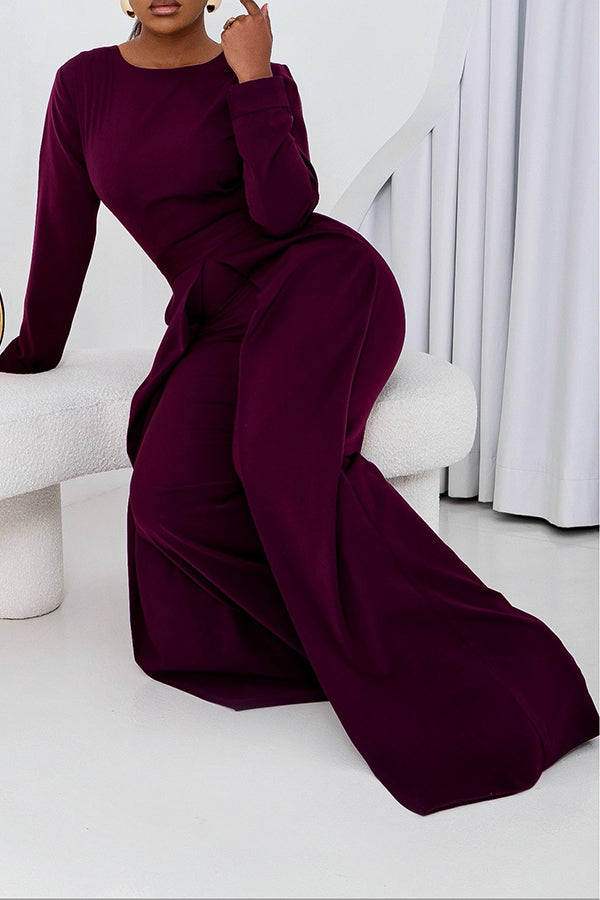 Chic Round Neck Cape Design Solid Jumpsuit