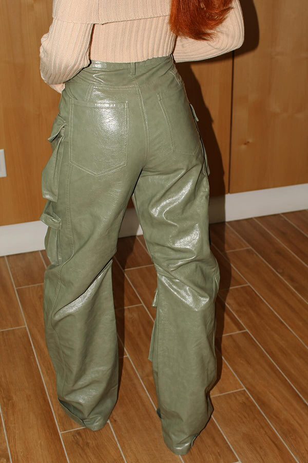 Stylish Flap Pocket Loose Leather Pants