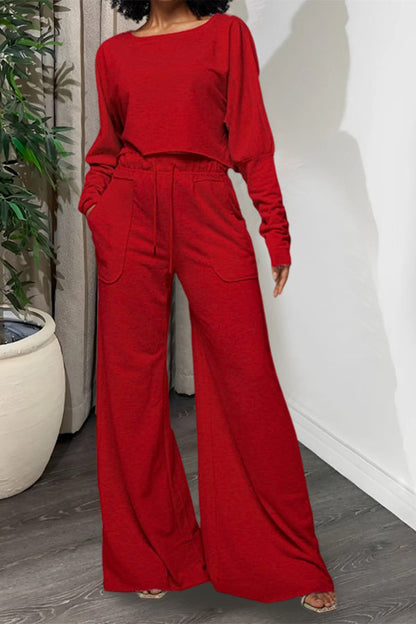 Casual Raw Cut Top & Wide Leg Pants Set