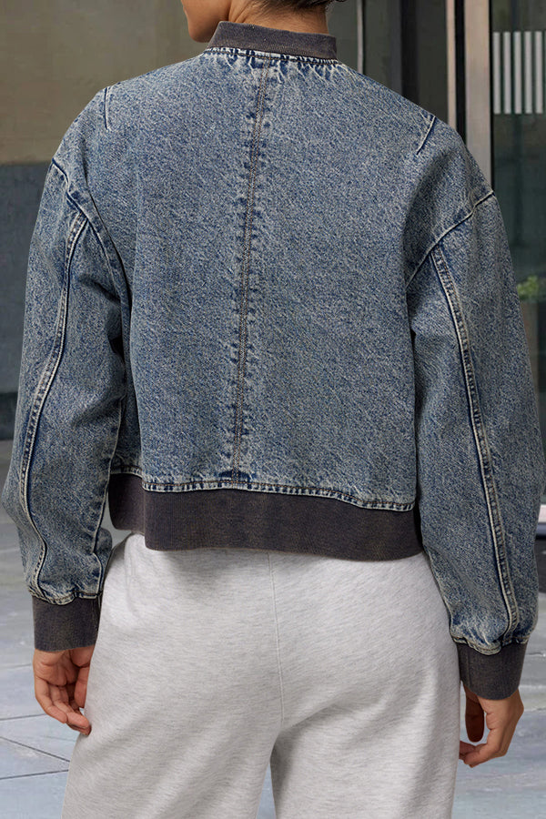 Casual Cropped Zip Front Denim Jacket