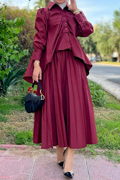 Casual High Low Hem Shirt & Pleated Skirt Set