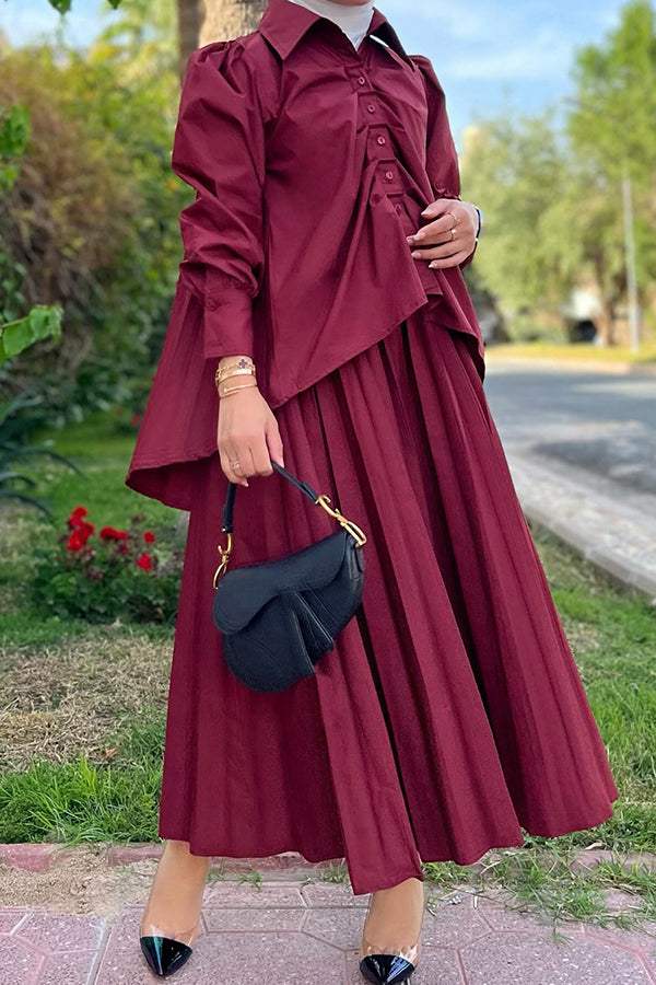 Casual High Low Hem Shirt & Pleated Skirt Set