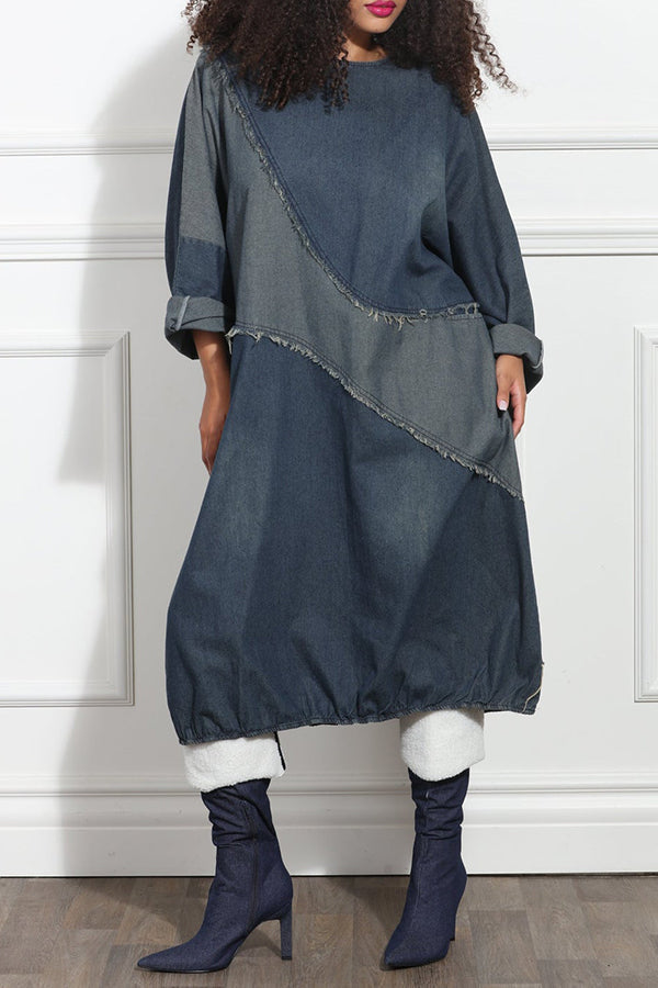 Casual Batwing Sleeve Colorblock Denim Dress