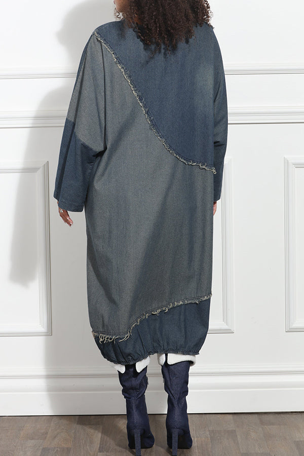 Casual Batwing Sleeve Colorblock Denim Dress