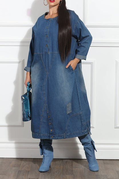 Casual Round Neck Half button Loose Denim Dress