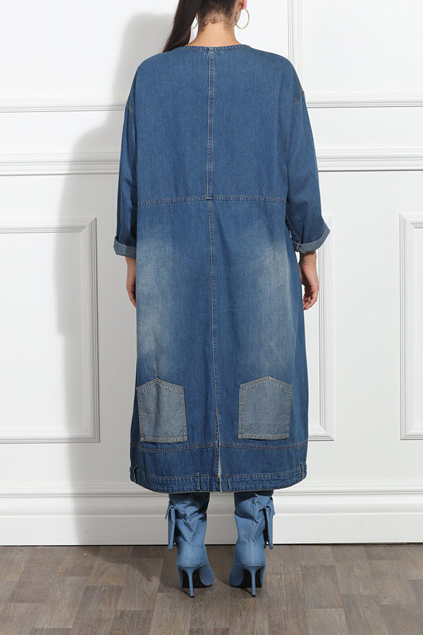 Casual Round Neck Half button Loose Denim Dress