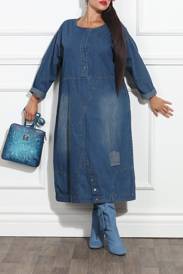 Casual Round Neck Half button Loose Denim Dress