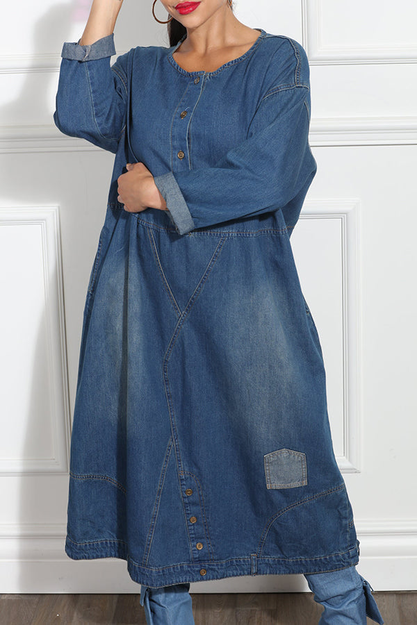 Casual Round Neck Half button Loose Denim Dress