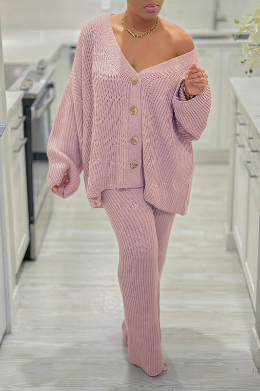 Casual Single Breasted Cardigan & Knit Pants Set