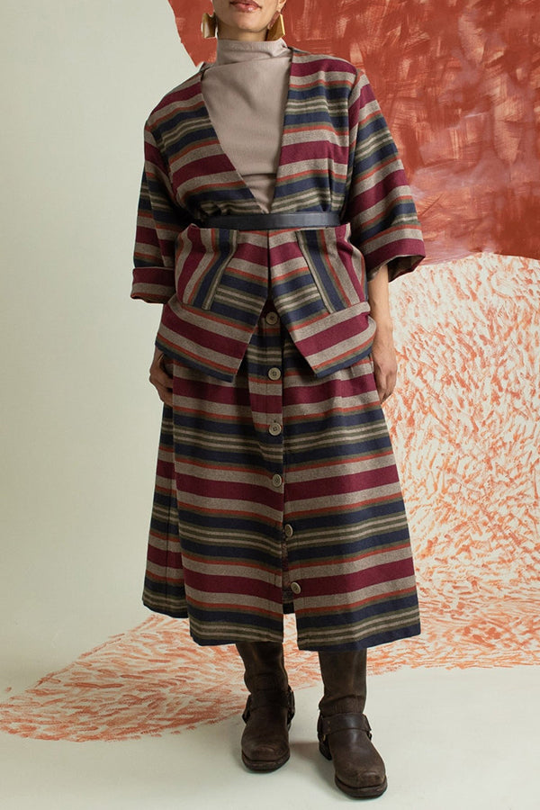 Vintage Striped V-Neck Coat & Skirt Set