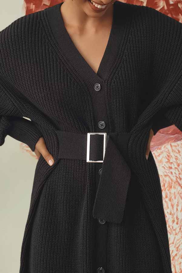 Casual Belted Cardigan Sweater Midi Dress