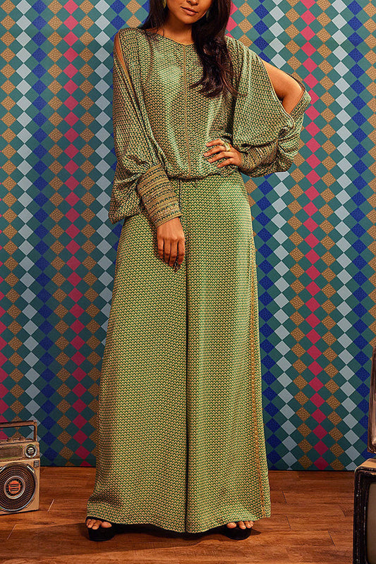 Vintage Hollow Sleeves Crepe Print Top & Pants Set