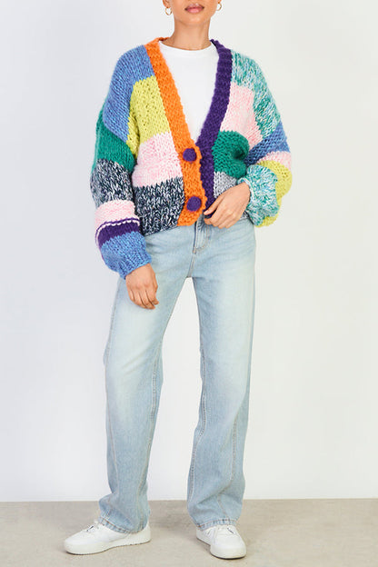 Unique Design V-Neck Colorblock Cardigan