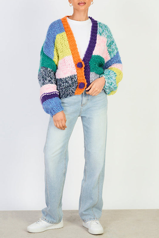 Unique Design V-Neck Colorblock Cardigan