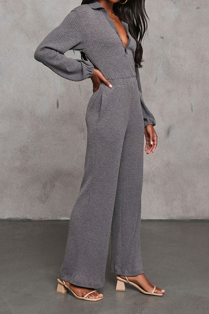 Casual Solid Knit Wide Leg Jumpsuit