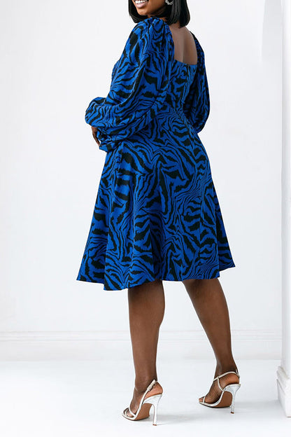 Vintage Square Neck Lantern Sleeve Printed Dress