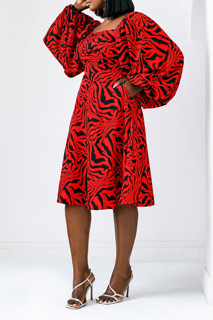 Vintage Square Neck Lantern Sleeve Printed Dress