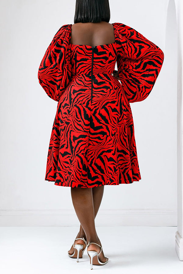 Vintage Square Neck Lantern Sleeve Printed Dress