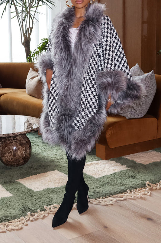 Stylish Houndstooth Plush Collar Cape coat