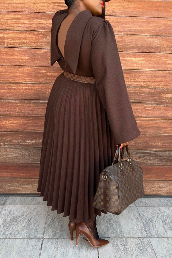 Elegant Backless Pleated Hem Faux Wool Dress