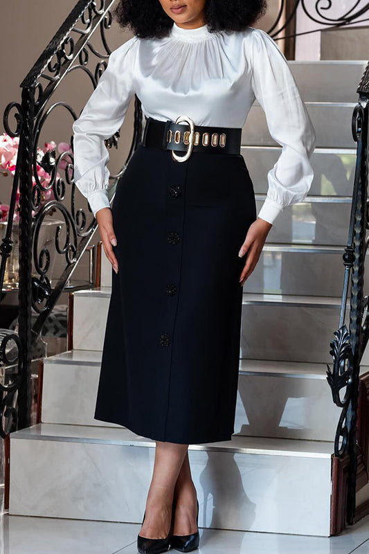 Chic Mock Neck Shirt & Belt Button Skirt Set