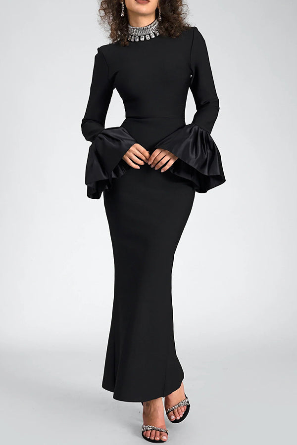 Gorgeous Rhinestone Neckline Trumpet Sleeve Maxi Dress