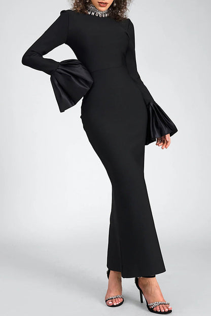 Gorgeous Rhinestone Neckline Trumpet Sleeve Maxi Dress