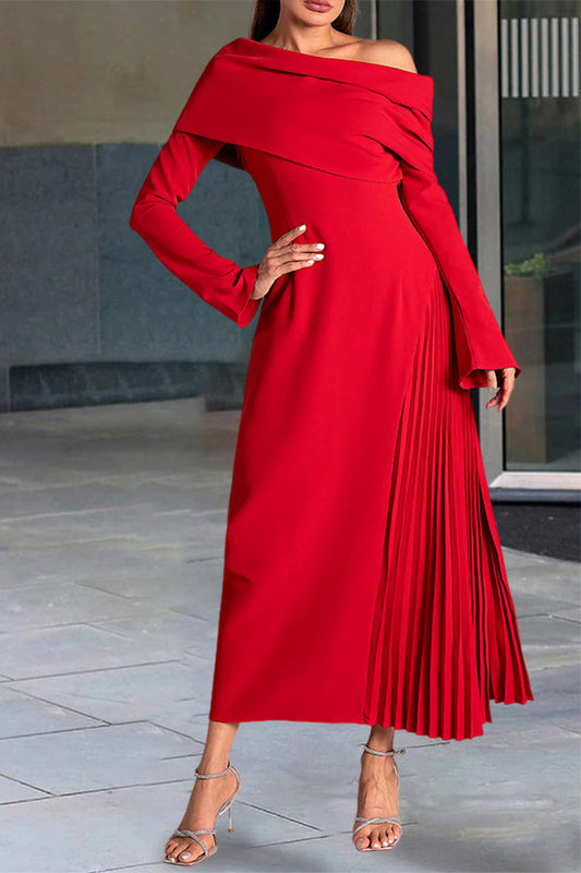 Elegant Oblique Neck Pleat Slit Dress