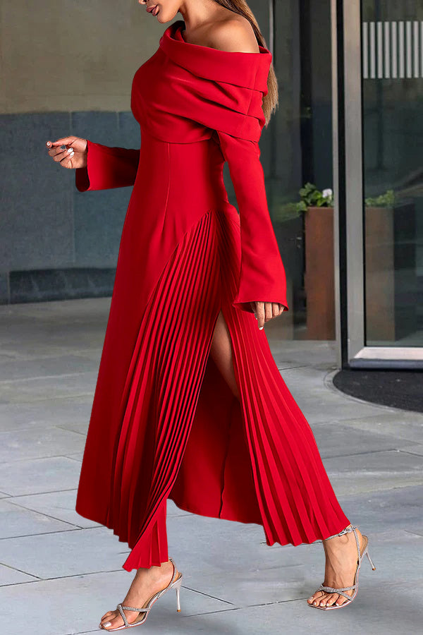 Elegant Oblique Neck Pleat Slit Dress