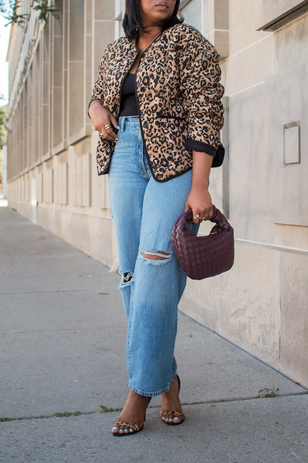 Casual Round Neck Leopard Print Jacket