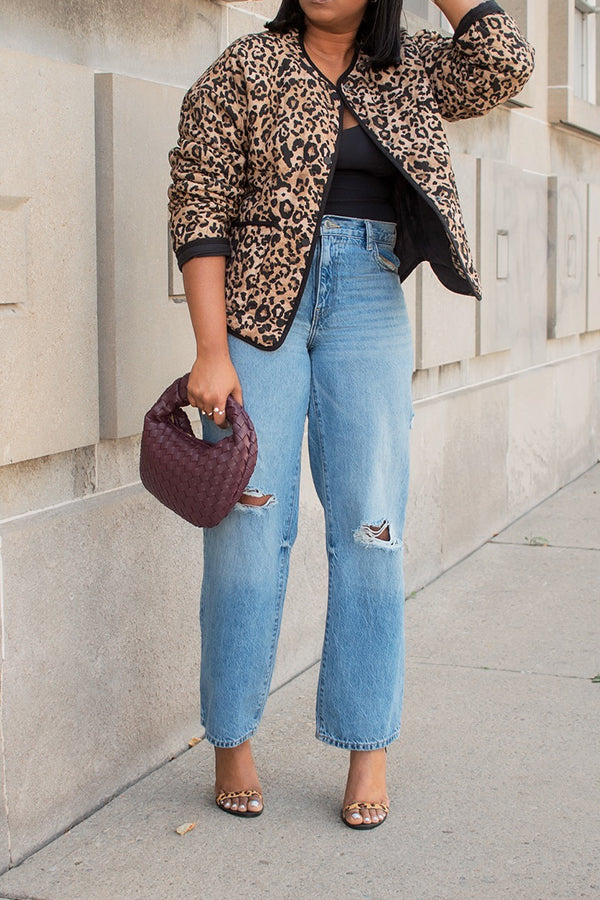 Casual Round Neck Leopard Print Jacket