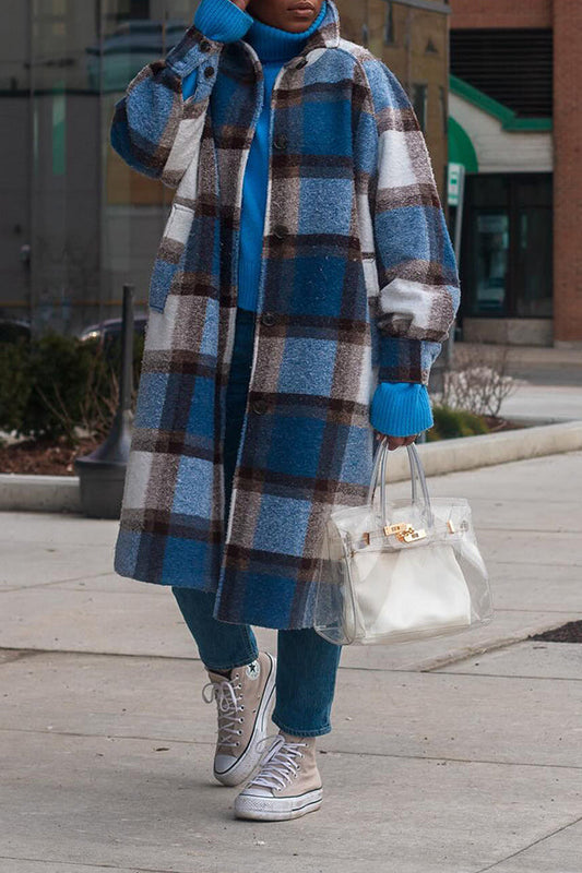 Casual Loose Plaid Lapel Faux Wool Overcoat