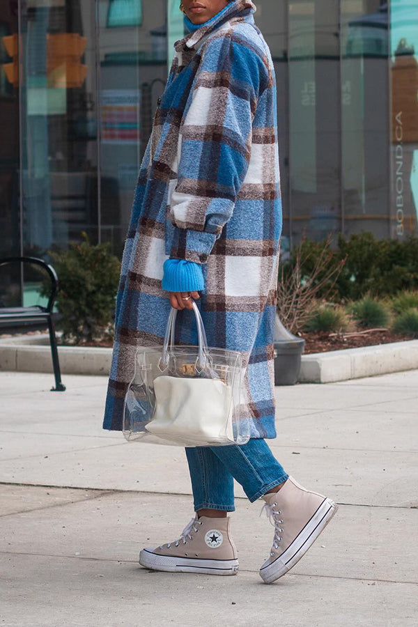 Casual Loose Plaid Lapel Faux Wool Overcoat