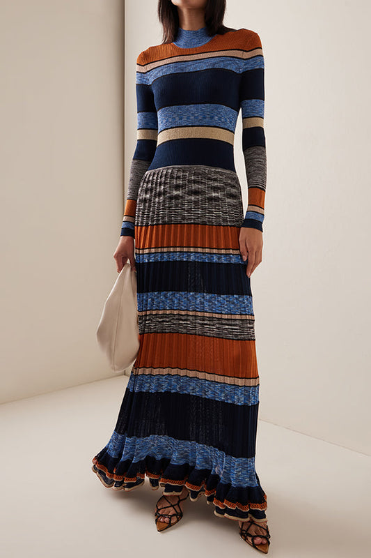 Stylish Mock Neck Pleated Striped Knit Midi Dress