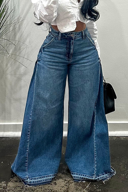 Lässige, einfarbige Jeans mit hoher Taille und weitem Bein