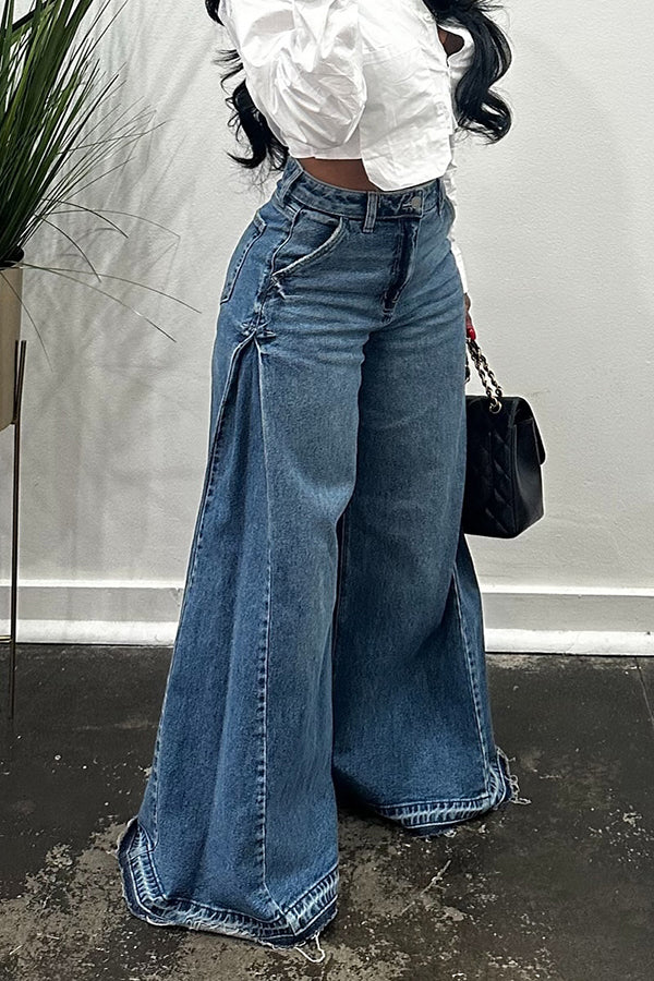 Casual Solid High Waist Wide-Leg Jeans