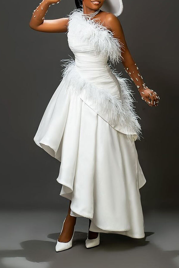 Elegant One Shoulder Feather Party Dress