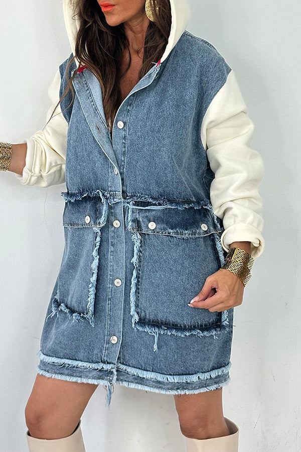 Casual Hooded Single Breasted Denim Stitching Coat