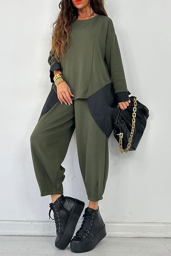 Casual Round Neck Colorblock Top & Pants Set