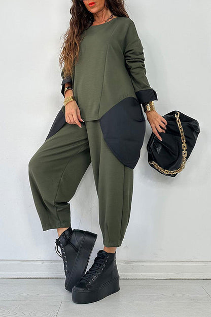 Casual Round Neck Colorblock Top & Pants Set