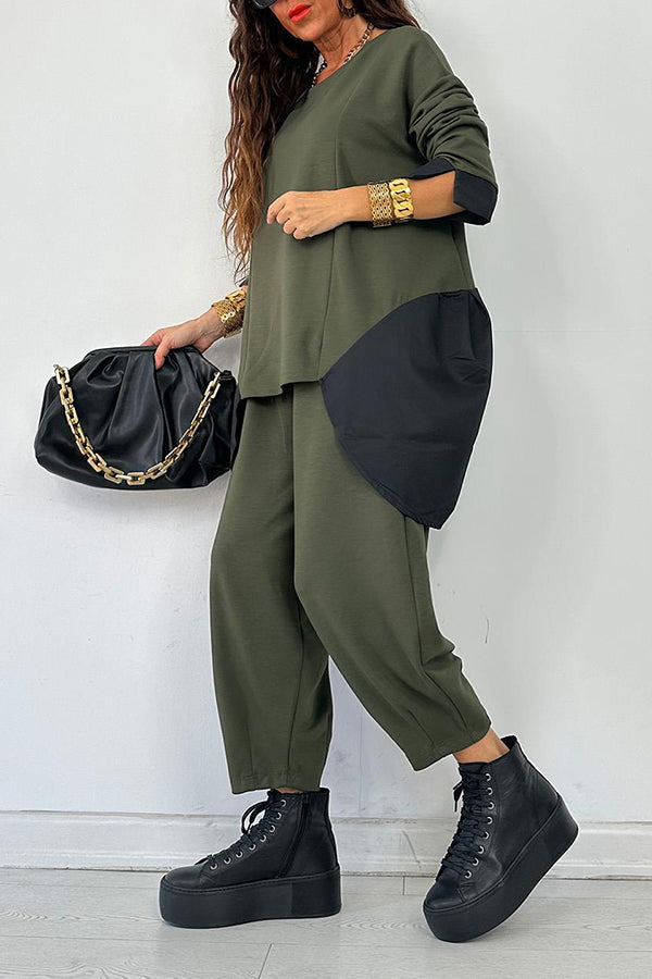 Casual Round Neck Colorblock Top & Pants Set