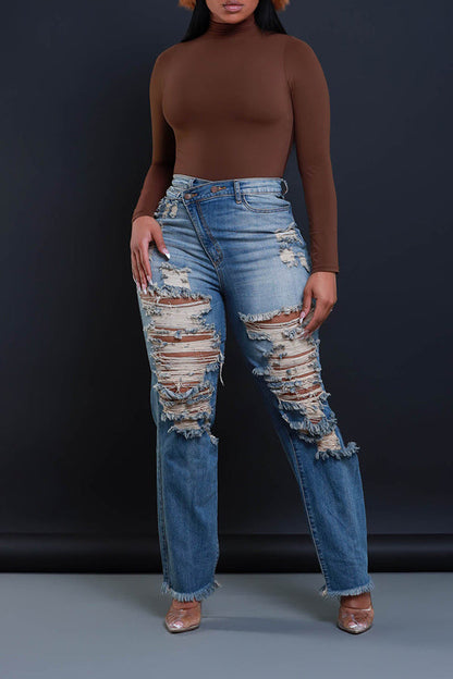 Stylish Ripped Asymmetrical Zip High Waist Jeans