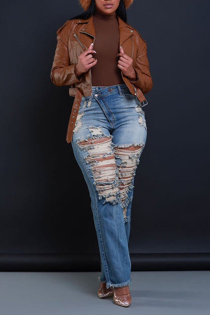 Stylish Ripped Asymmetrical Zip High Waist Jeans