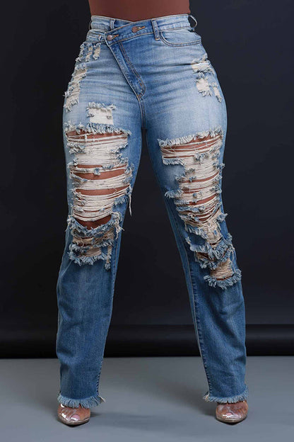 Stylish Ripped Asymmetrical Zip High Waist Jeans