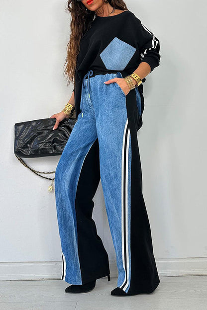 Casual Patch Pocket Top & Denim Splicing Pants Set