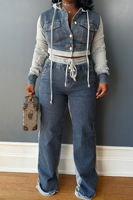 Lässiges Set aus Mantel und Hose aus Denim mit Kapuze