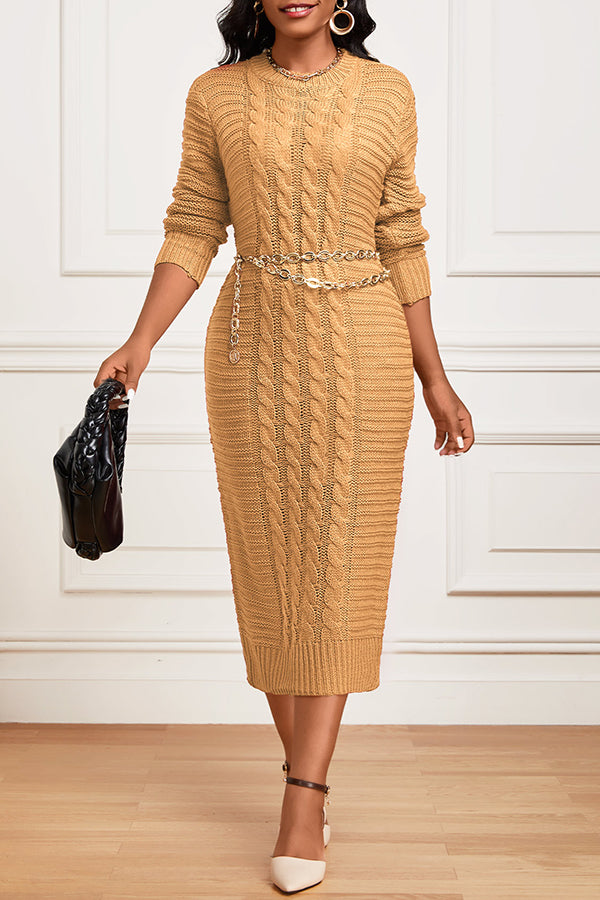 Classic Round Neck Cable Knit Midi Dress