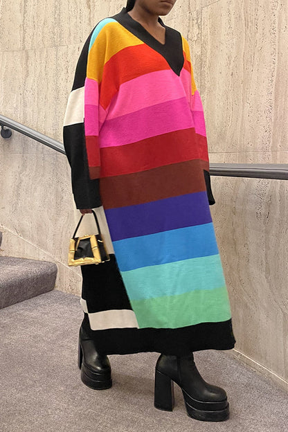 Stylish V-Neck  Rainbow Oversized Maxi Dress