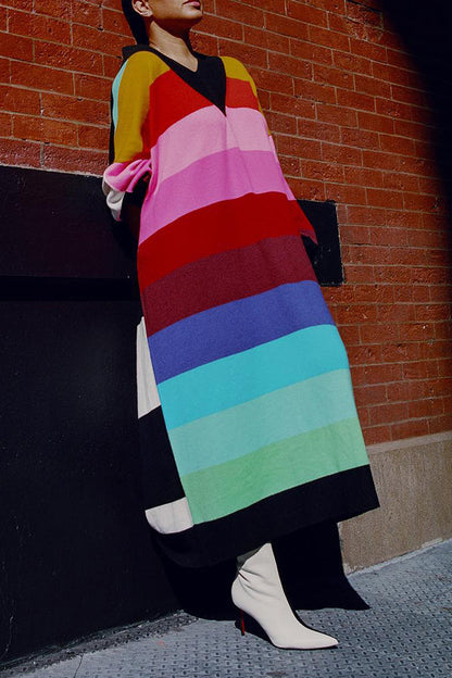 Stylish V-Neck  Rainbow Oversized Maxi Dress