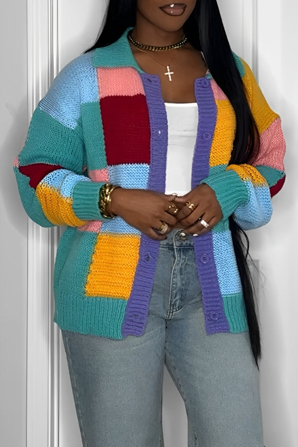 Lässiger einreihiger Colorblock-Strickcardigan